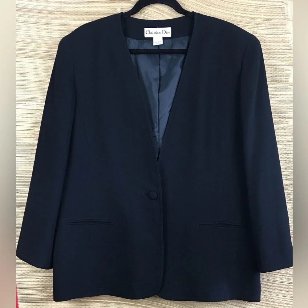 Vintage 1990s Christian Dior Jacket Black Crepe Tailored In USA Collarless Sz 16